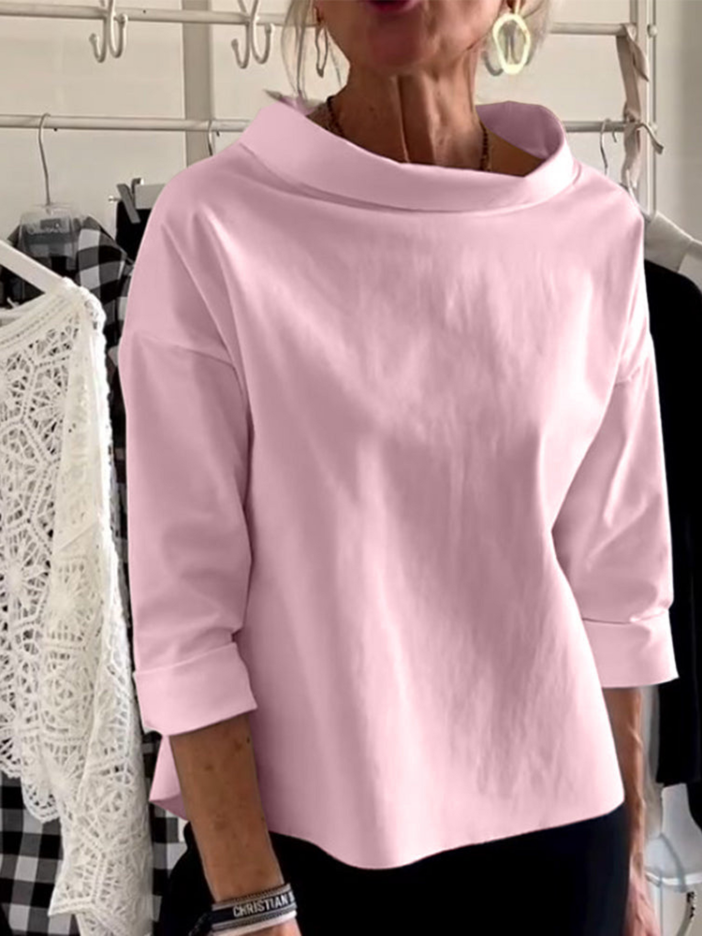 Short Sleeve Blouse, High Collar | Versatile | Pink