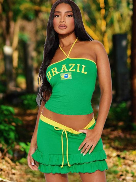 Siena | Women's Summer Top and Skirt with Brazil Motif, Ruffles, Sleeveless, Elastic Waistband | Green