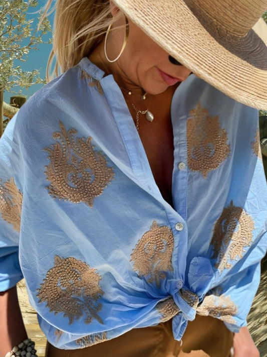 Simone | Women's Oversized Long Sleeve Blouse with Unique Embroidery for Summer | Blue