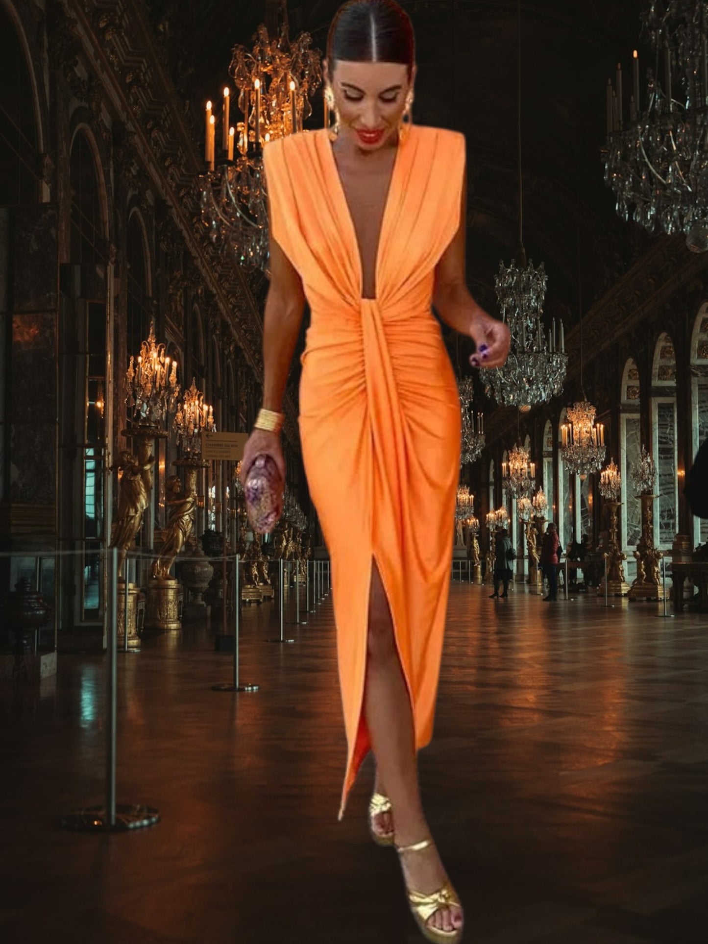 Sleeveless Deep V-Neck Split Dress with Flattering Silhouette | Orange