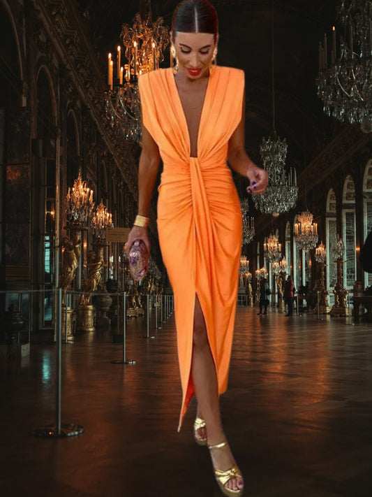Sleeveless Deep V-Neck Split Dress with Flattering Silhouette | Orange