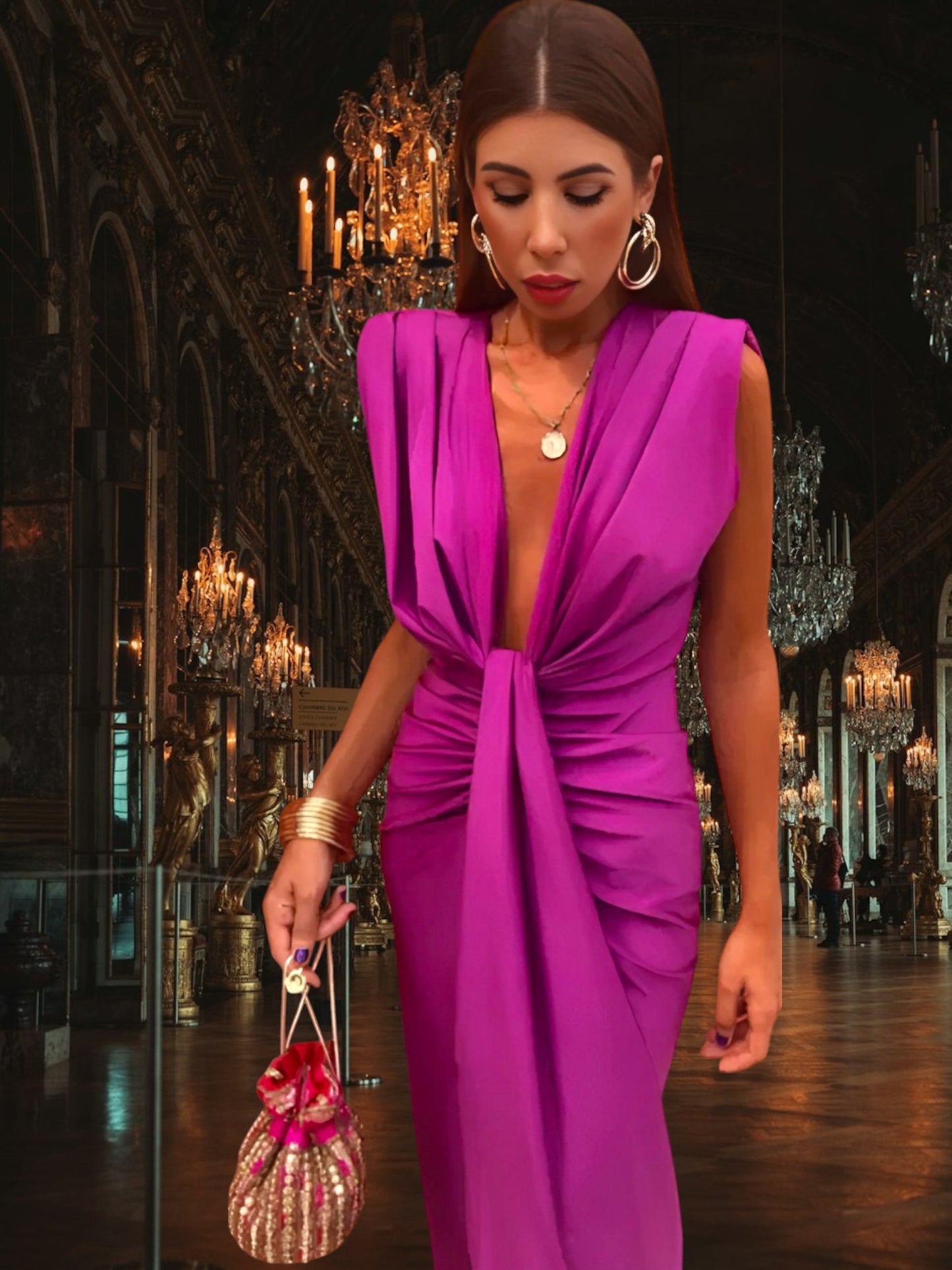 Sleeveless Deep V-Neck Split Dress with Flattering Silhouette | Pink