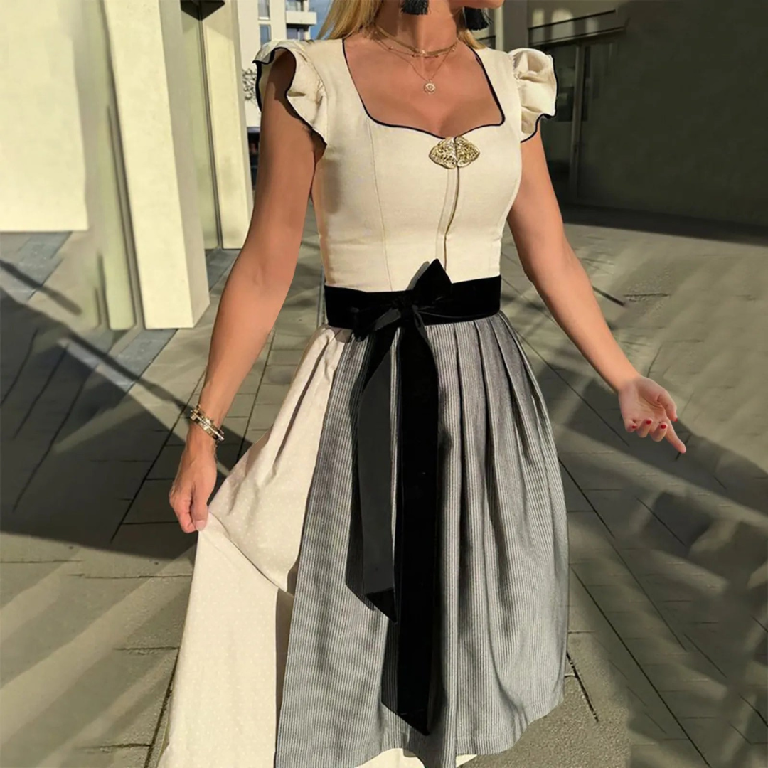 Sleeveless, Ruffled Midi Dress | Oktoberfest Outfit | Beige