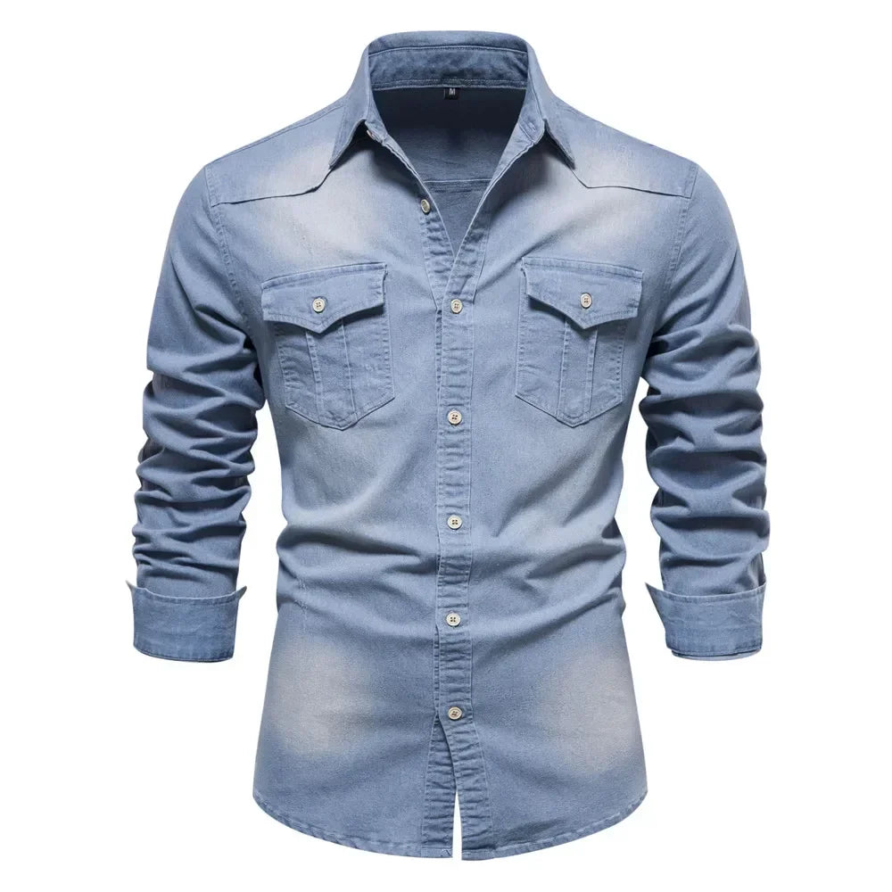 Slim Fit Long Sleeve Shirt for Men | Classic Collar | Denim blue