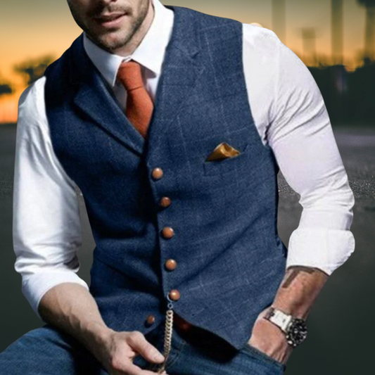 Slim Fit Men's Vest in Premium Cotton Blend with Reversible Collar | Blue