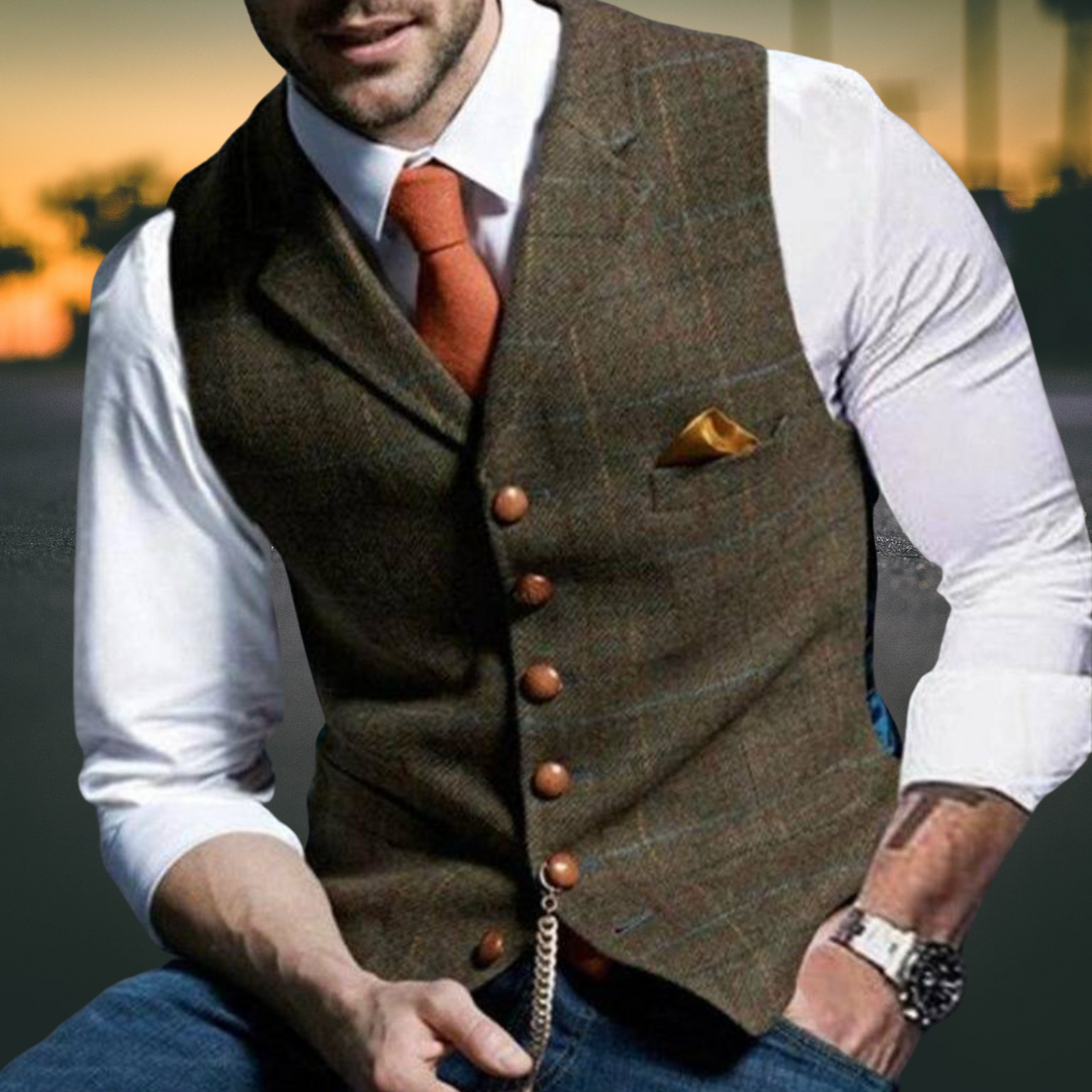 Slim Fit Men's Vest in Premium Cotton Blend with Reversible Collar | Brown