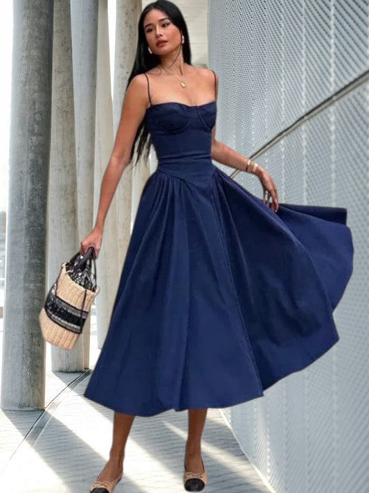 Sofia | Elegant Midi Dress for Women, Sleeveless, Party & Wedding Guest Ready | Navy blue