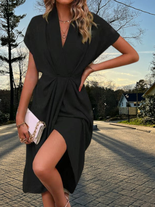 Soft Fabric Midi Wrap Dress with Irregular Pleats and Short Sleeves | Black