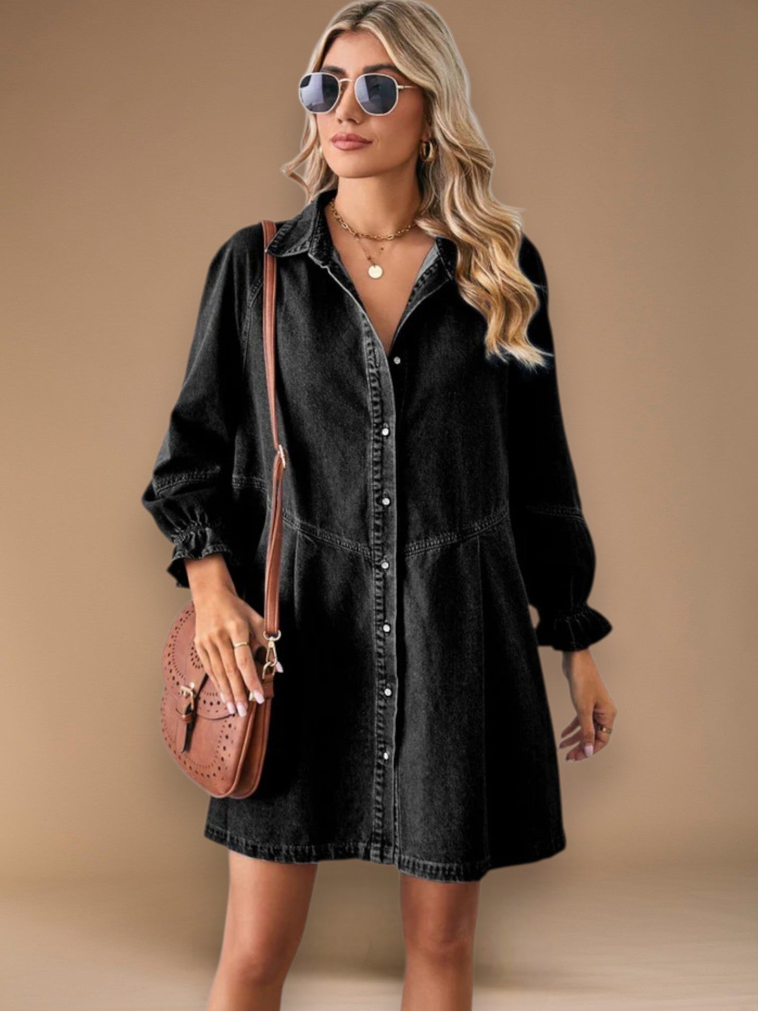 Solvei | Women's Casual Denim Dress with Buttons and Vintage Boyfriend Fit | Black