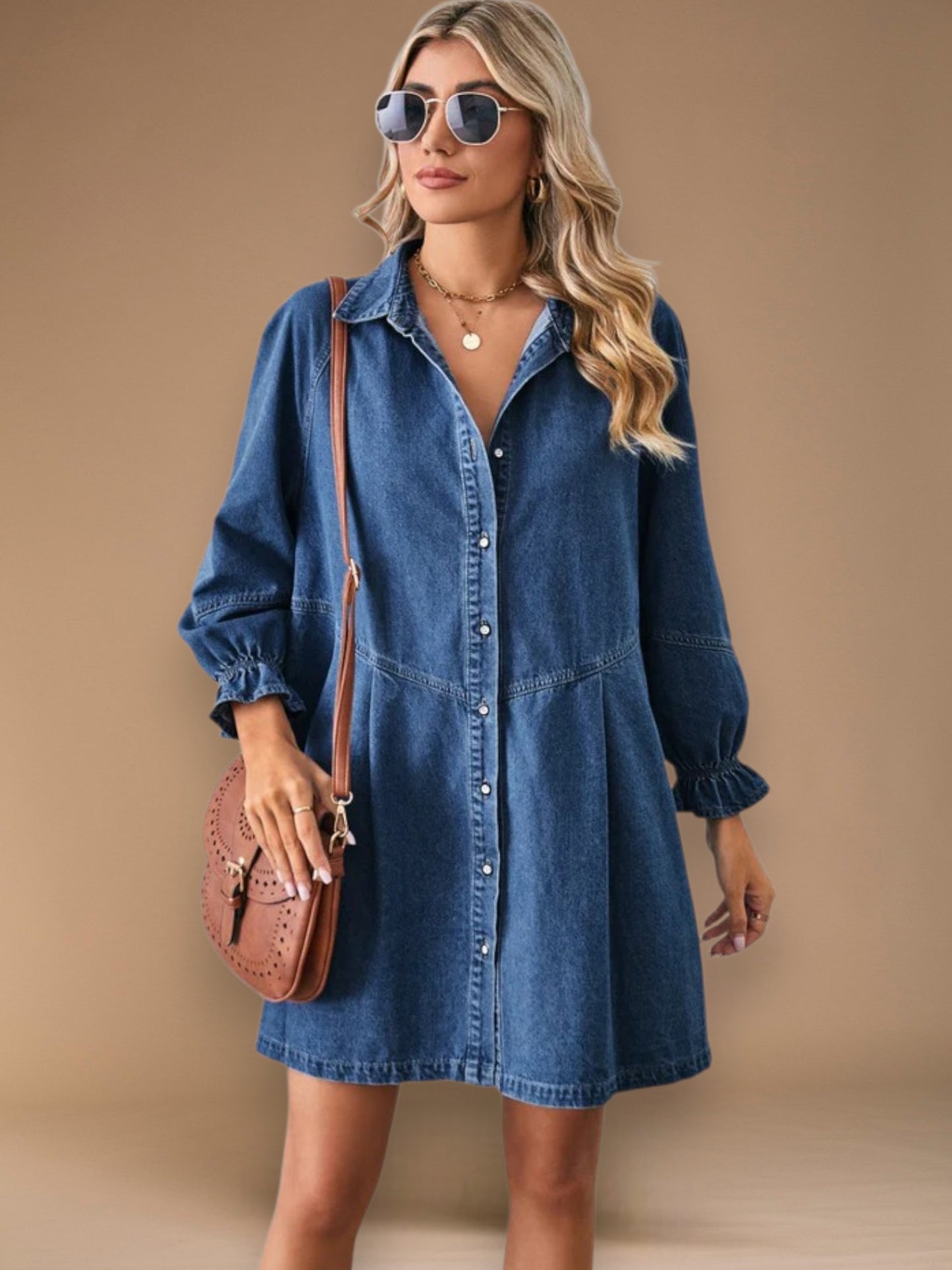 Solvei | Women's Casual Denim Dress with Buttons and Vintage Boyfriend Fit | Dark Blue