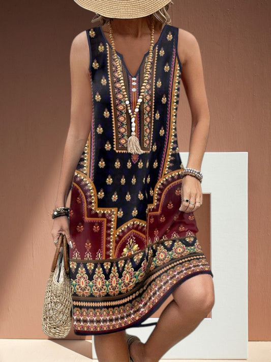 Solveig | Bohemian Sleeveless Summer Dress with V-Neck and Ethnic Print | Multicolored