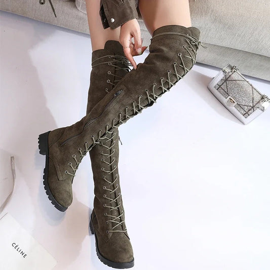 Stylish Black Over The Knee Boots with Unique Lacing Design for Women 0