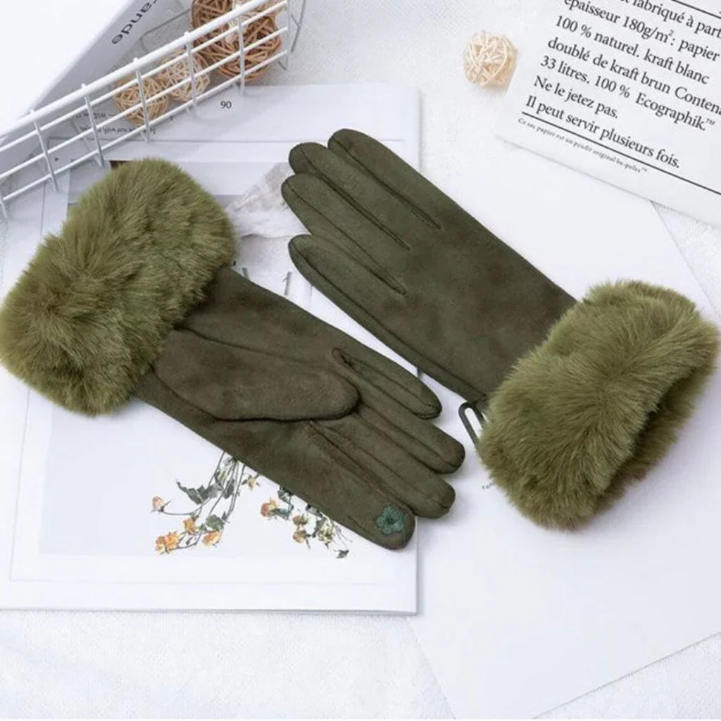Suede Gloves for Women | Faux Fur Trim | Winter | Army Green