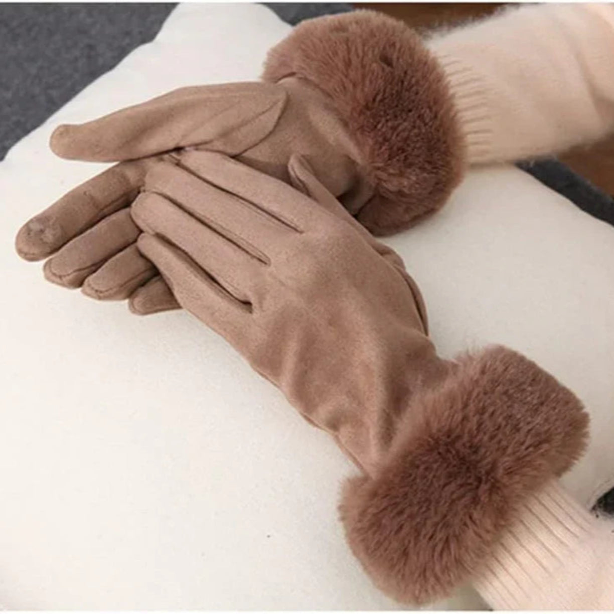 Suede Gloves for Women | Faux Fur Trim | Winter | Khaki