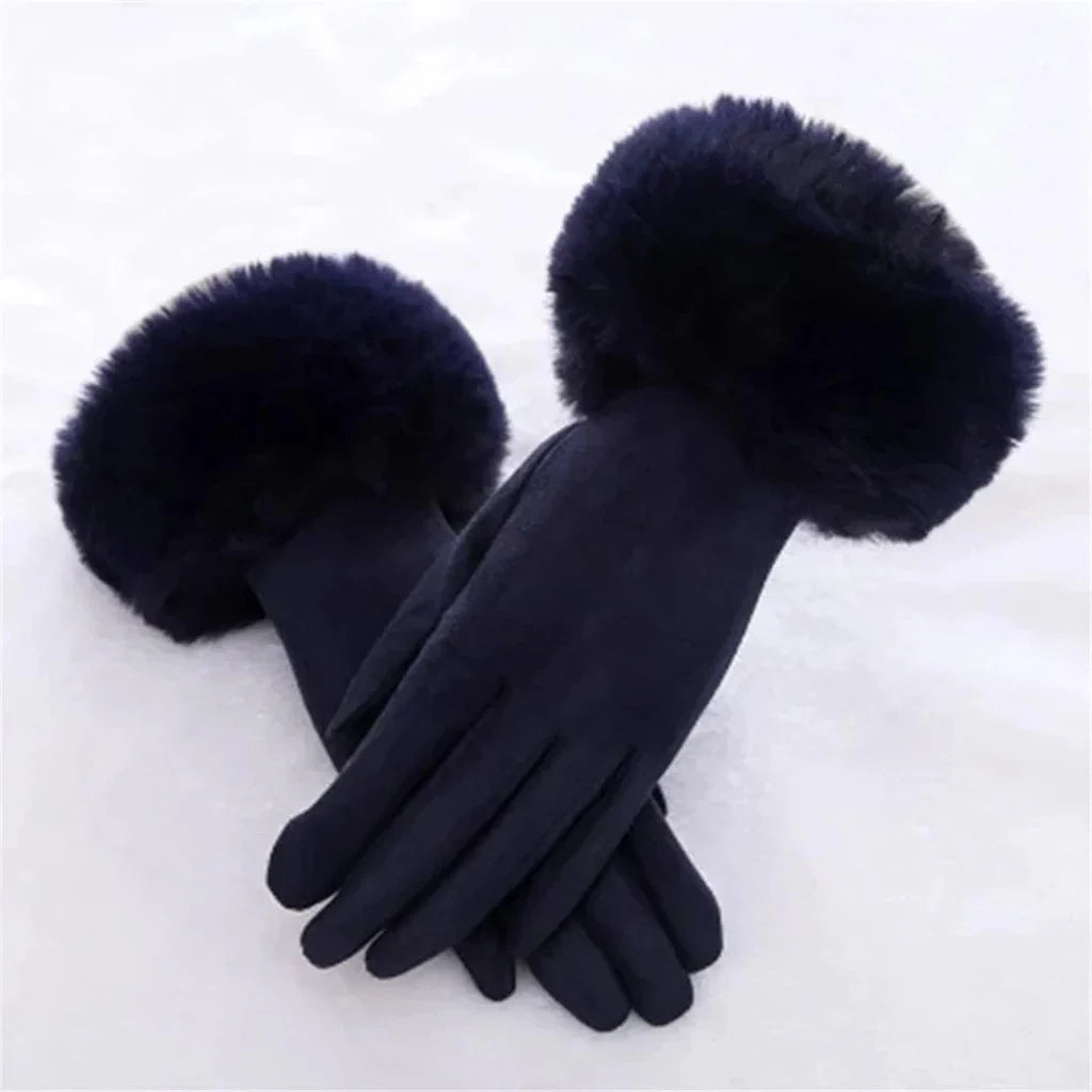 Suede Gloves for Women | Faux Fur Trim | Winter | Navy Blue