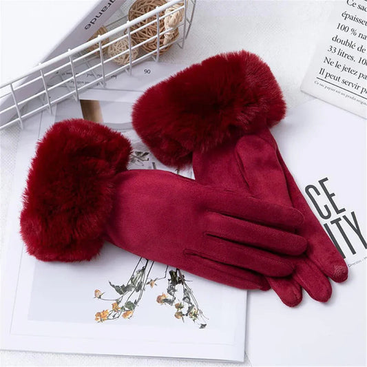 Suede Gloves for Women | Faux Fur Trim | Winter | Red