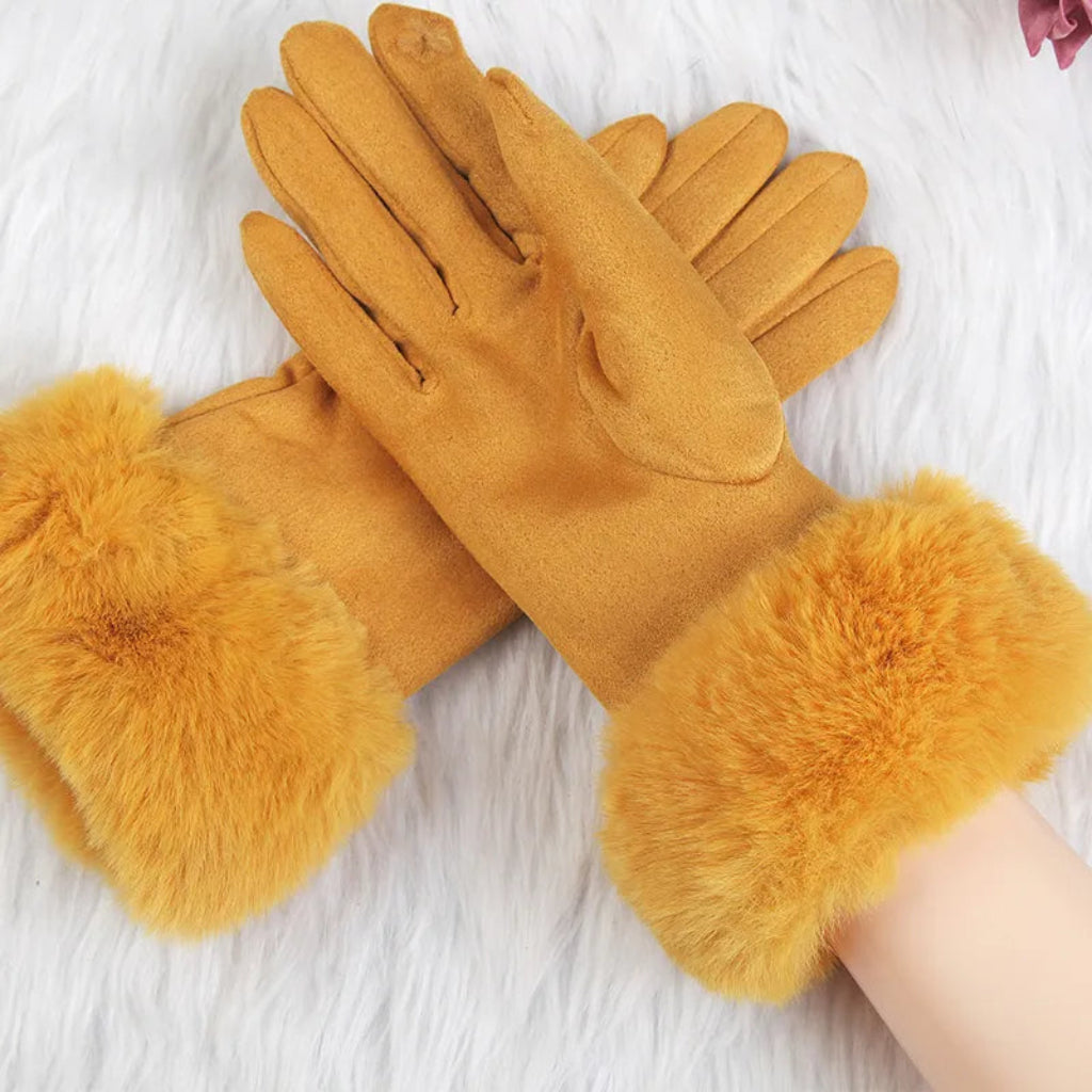 Suede Gloves for Women | Faux Fur Trim | Winter | Yellow