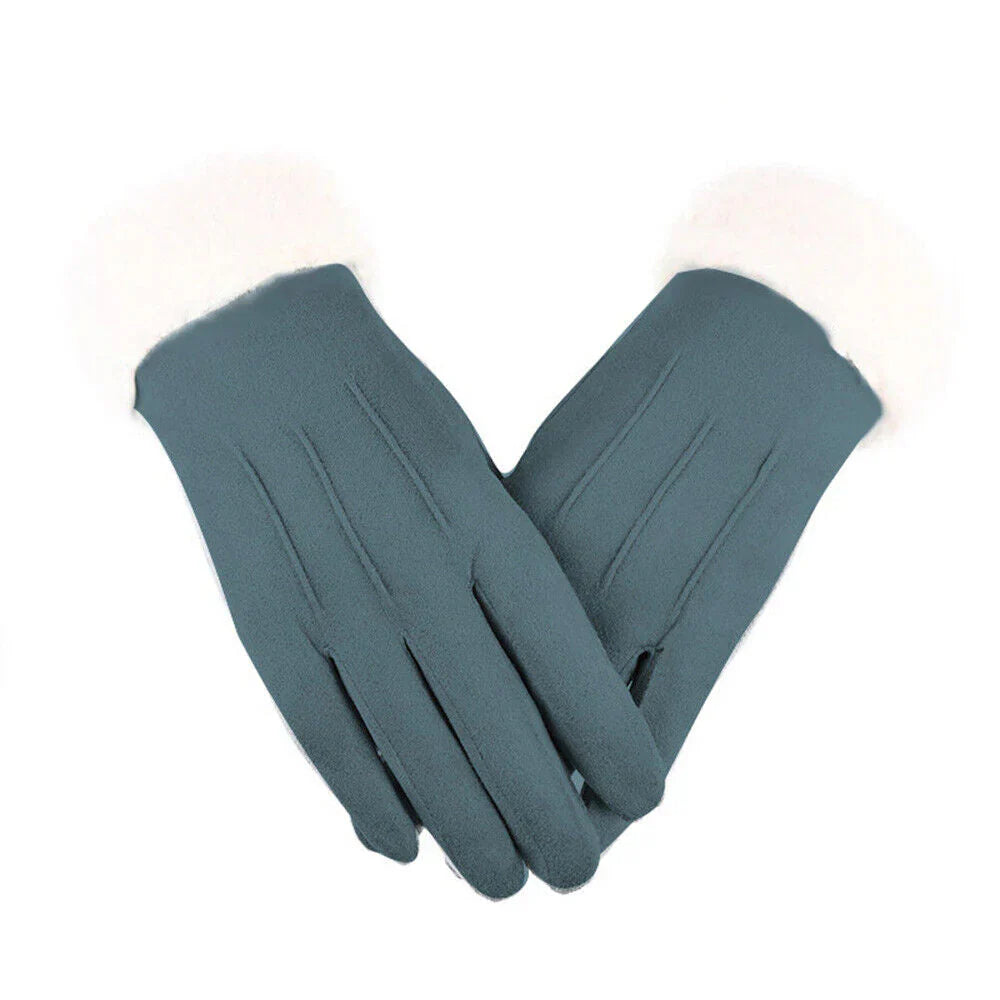 Suede Gloves for Women | Windproof, Faux Fur Lined | Blue green