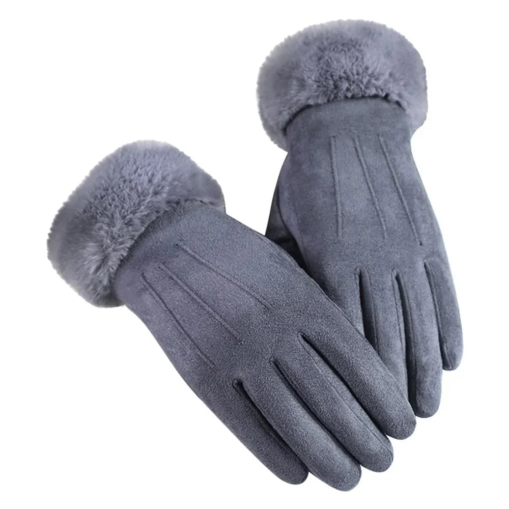 Suede Gloves for Women | Windproof, Faux Fur Lined | Gray