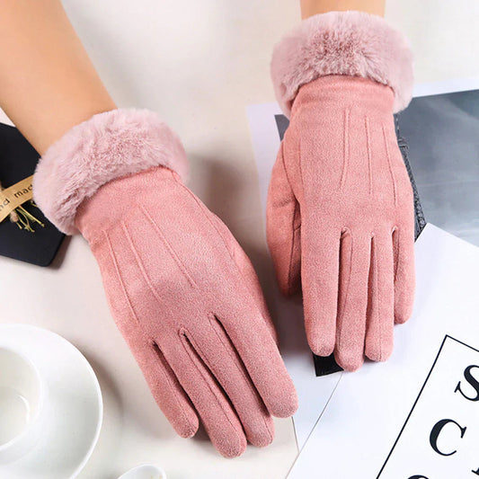 Suede Gloves for Women | Windproof, Faux Fur Lined | Pink