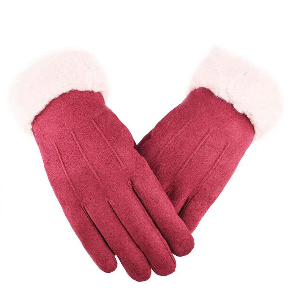 Suede Gloves for Women | Windproof, Faux Fur Lined | Red