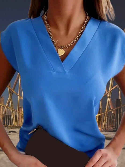 Summer Blouse V-Neck Short Sleeve Lightweight Comfortable Top | Blue