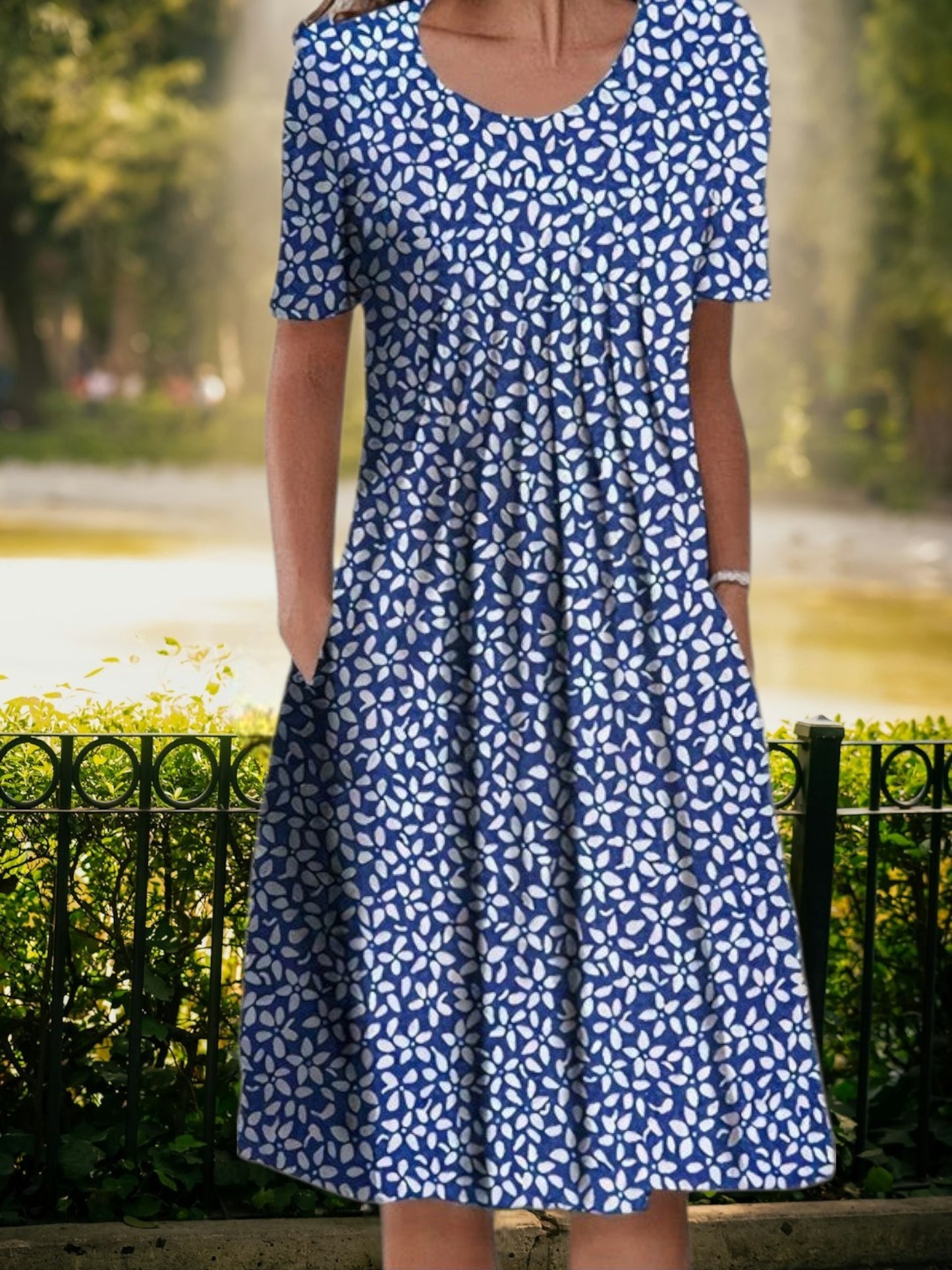 Summer Midi Dress with Crew Neck Short Sleeves and Loose Fit | Blue with Flowers