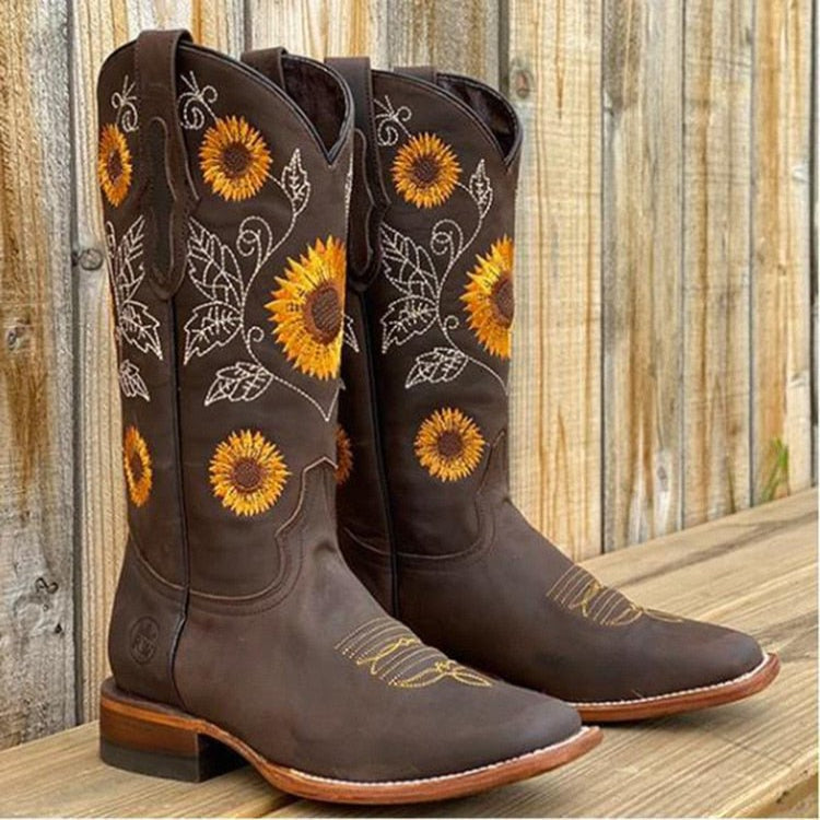 Sunflower Design Boots for Women | Ankle Height with | Dark Brown