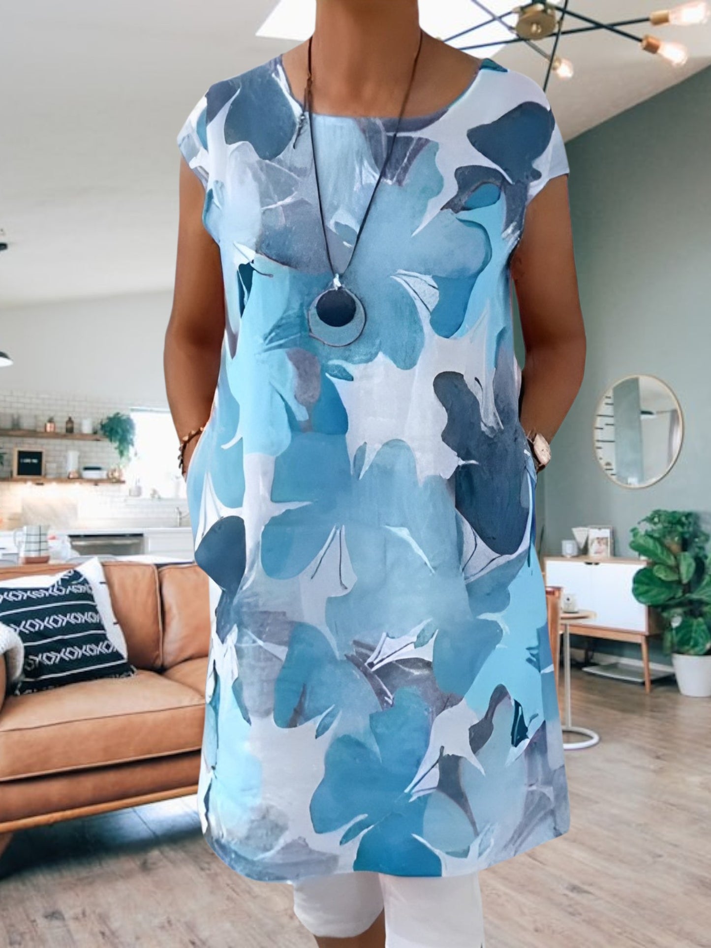 Svanhild | Elegant Butterfly Pattern Shirt Dress for Women with Loose Fit and Round Neck | Blue