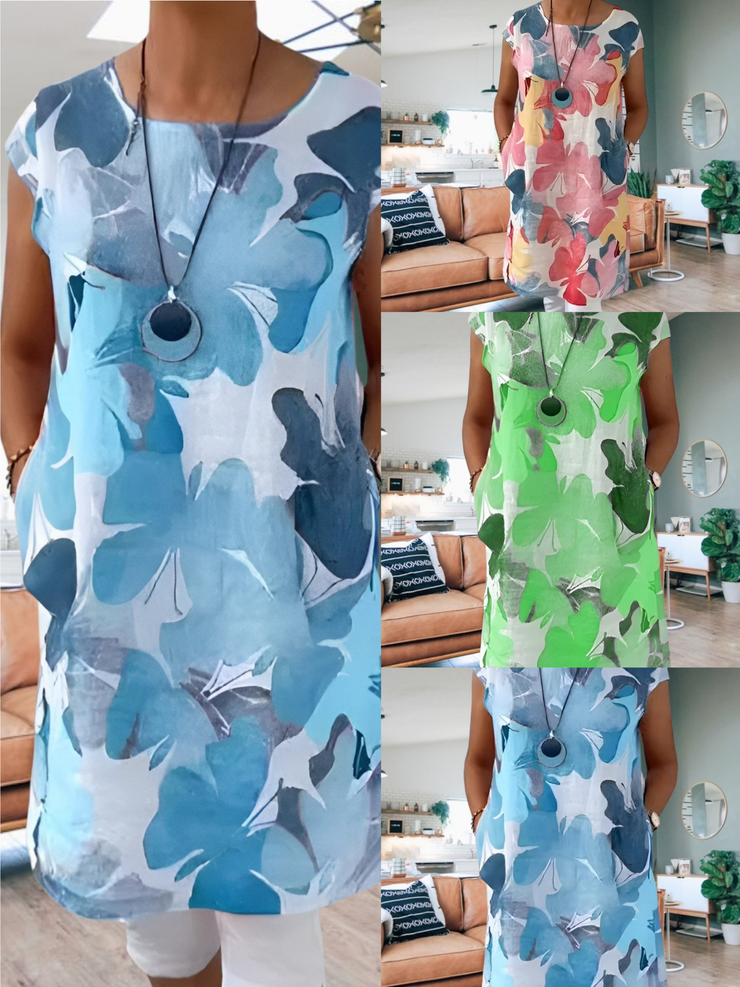 Svanhild | Elegant Butterfly Pattern Shirt Dress for Women with Loose Fit and Round Neck | Blue 2