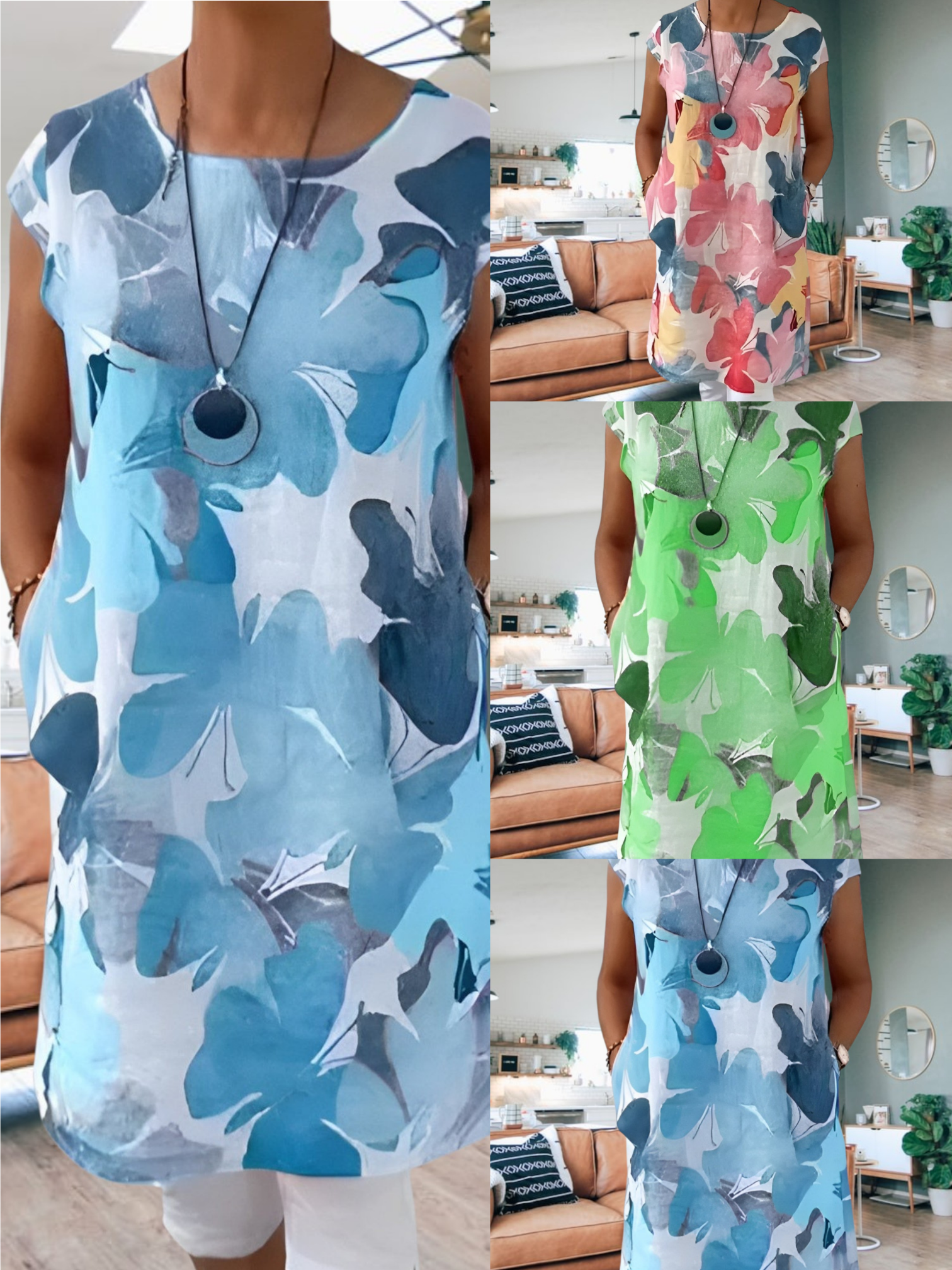 Svanhild | Elegant Butterfly Pattern Shirt Dress for Women with Loose Fit and Round Neck | Blue 2