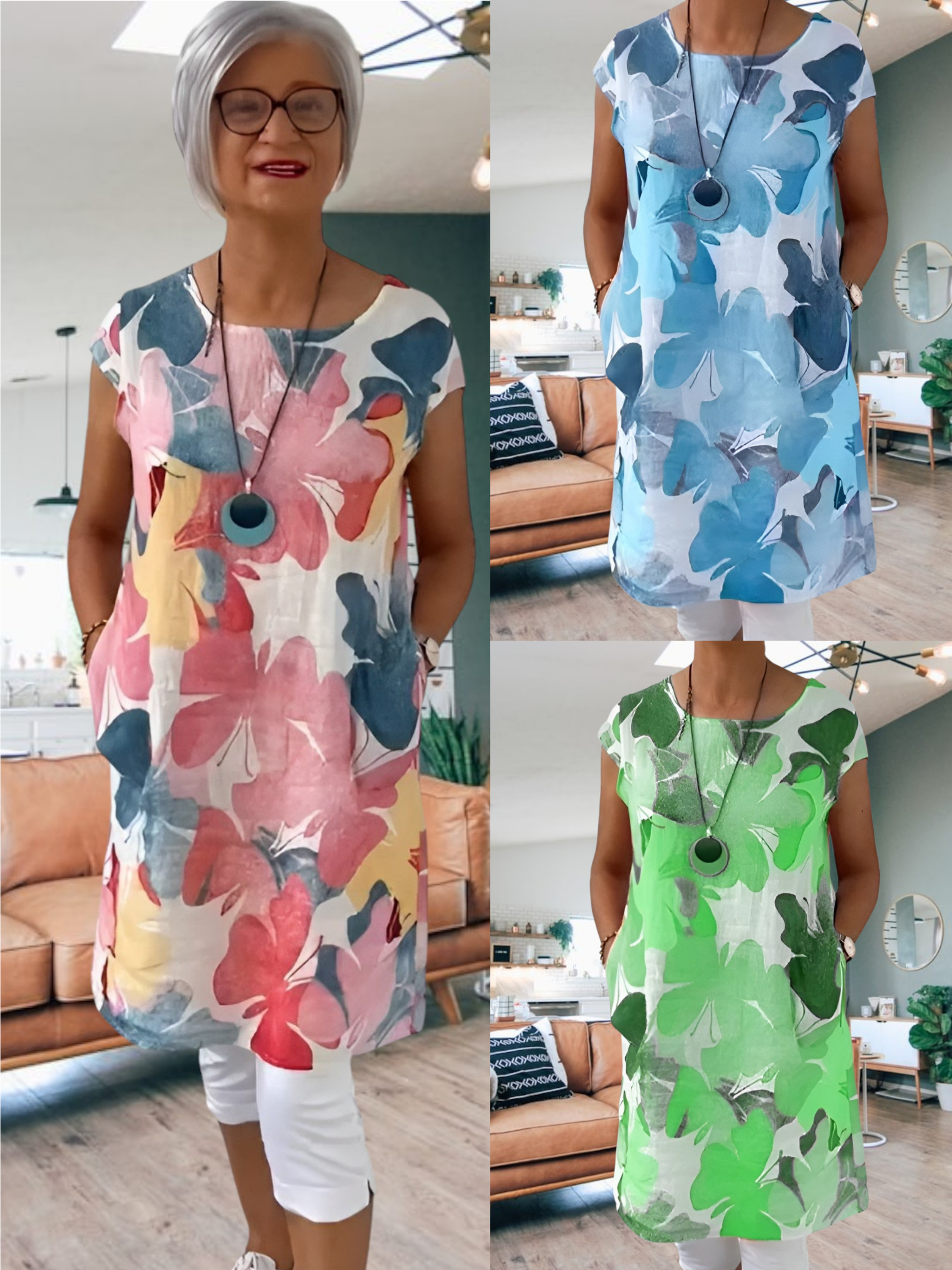 Svanhild | Elegant Butterfly Pattern Shirt Dress for Women with Loose Fit and Round Neck | Blue 3