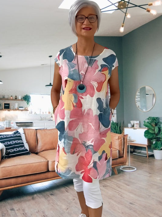 Svanhild | Elegant Butterfly Pattern Shirt Dress for Women with Loose Fit and Round Neck | Pink