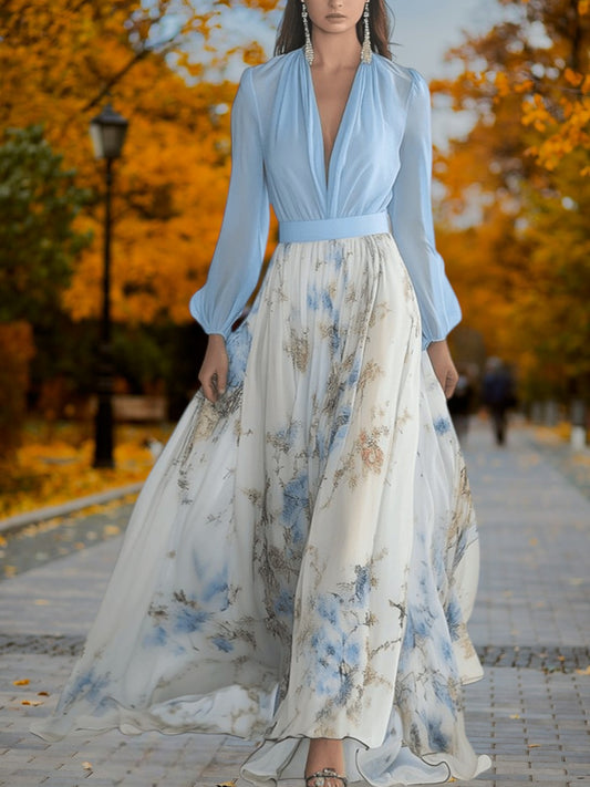 Tess | Elegant Floral Print Long Maxi Dress for Women with Flowing Silhouette | Sky blue