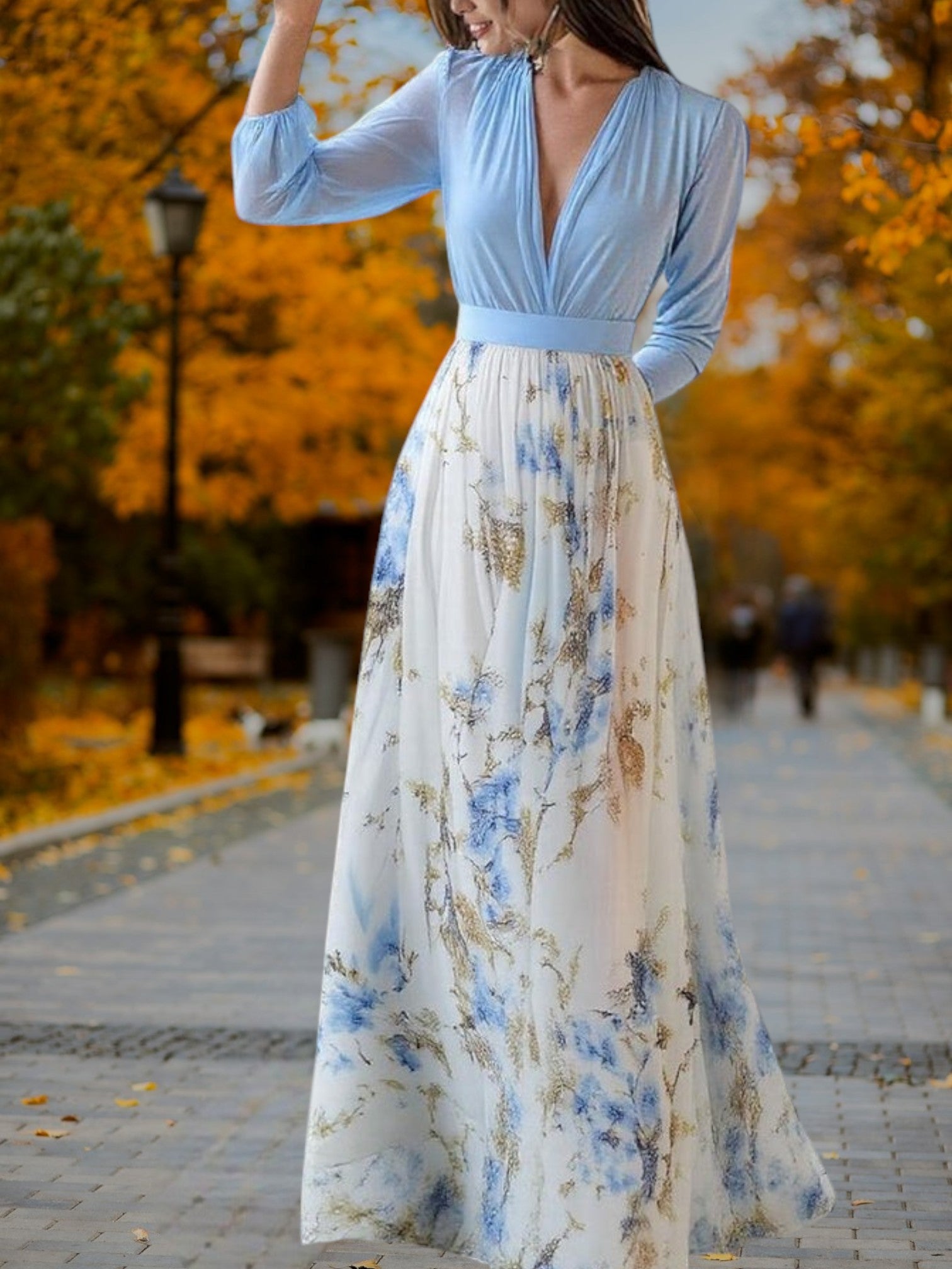Tess | Elegant Floral Print Long Maxi Dress for Women with Flowing Silhouette | Sky blue 2
