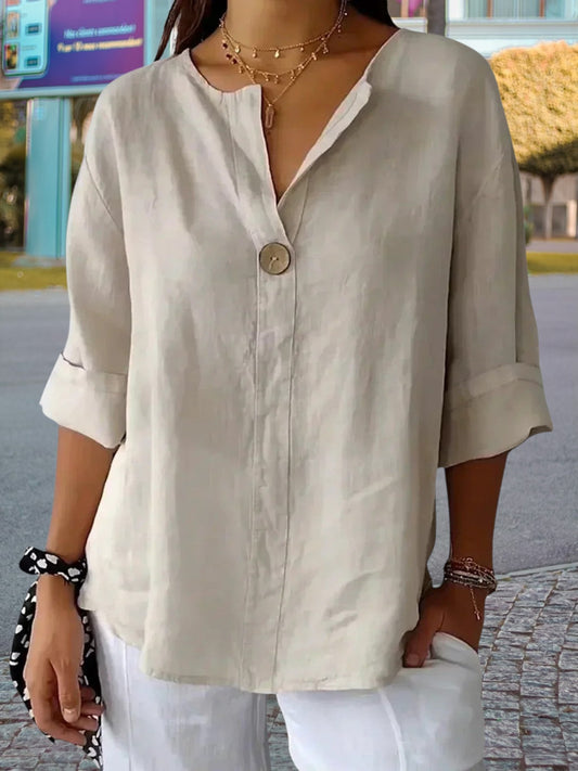 Tessa | Casual  Blouse for Women with V-Neck and Button Closure, Short Sleeves | Beige