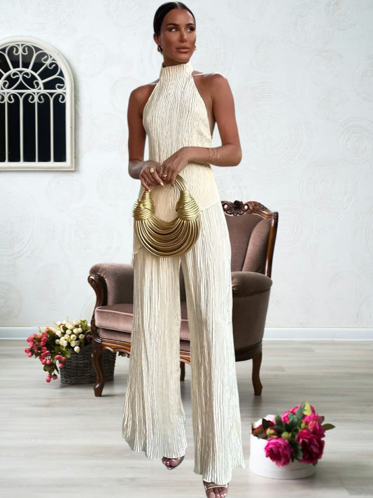 Tiana | Elegant Backless Jumpsuit for Women with Asymmetrical Neckline and Tailored Fit | Cream