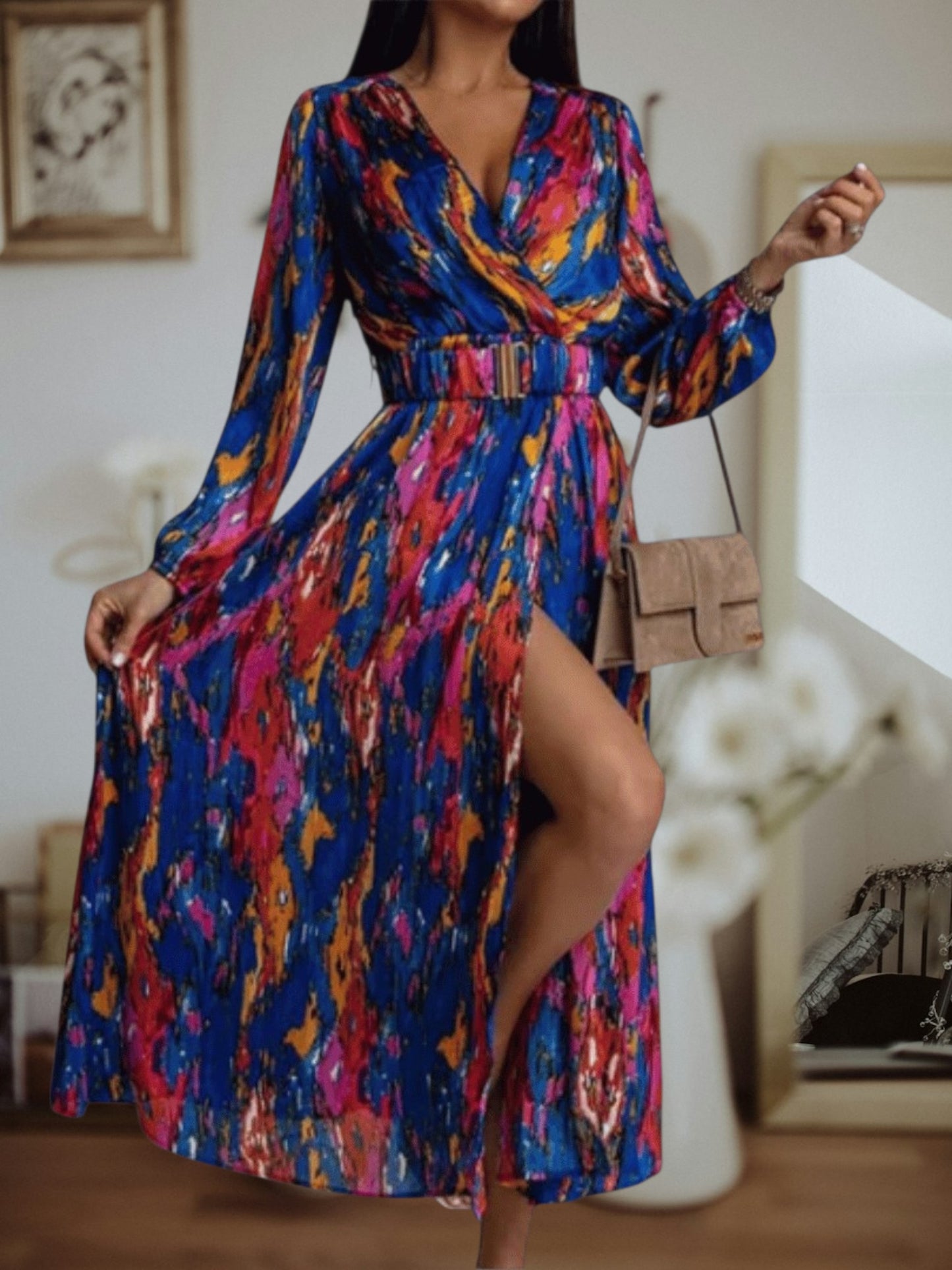 Tine | Elegant Black Boho Dress with High Slit for Women, Long sleeve Maxi Summer Wedding Guest Dress | Blue
