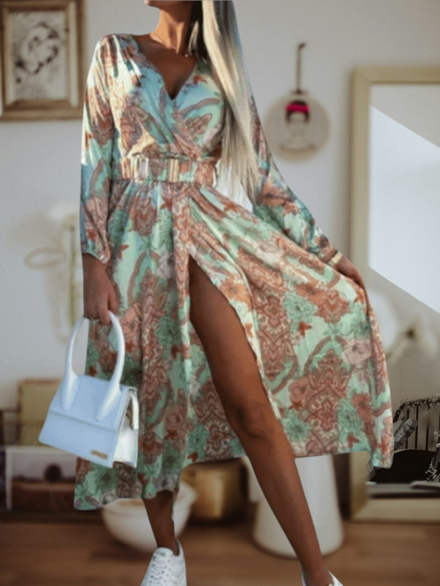 Tine | Elegant Black Boho Dress with High Slit for Women, Long sleeve Maxi Summer Wedding Guest Dress | Mint