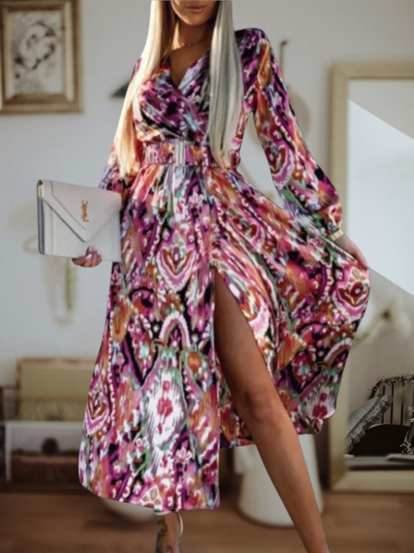 Tine | Elegant Black Boho Dress with High Slit for Women, Long sleeve Maxi Summer Wedding Guest Dress | Purple