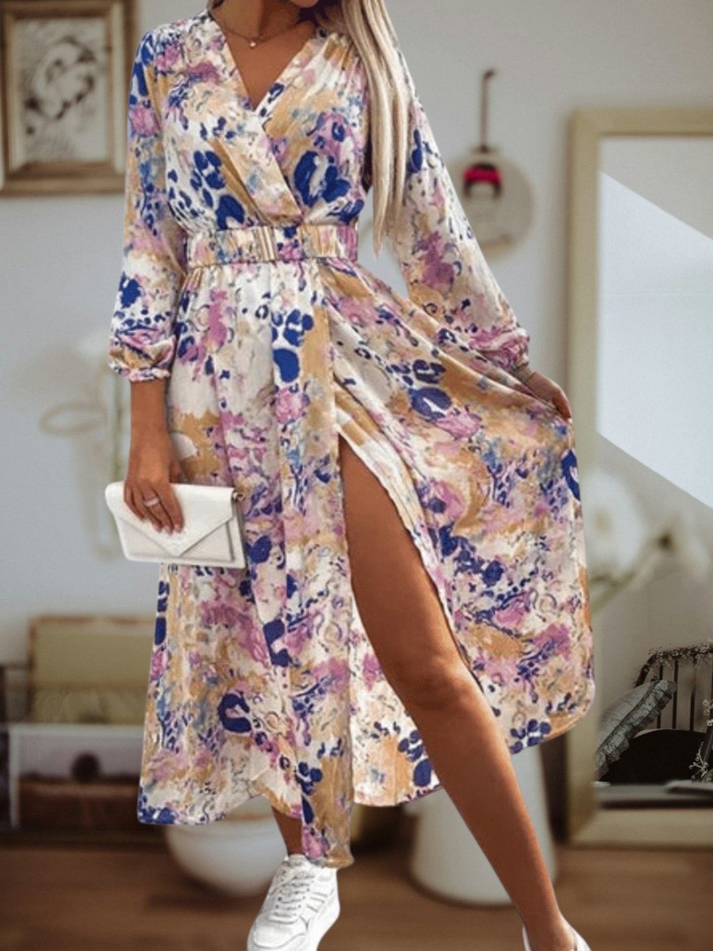 Tine | Elegant Black Boho Dress with High Slit for Women, Long sleeve Maxi Summer Wedding Guest Dress | White
