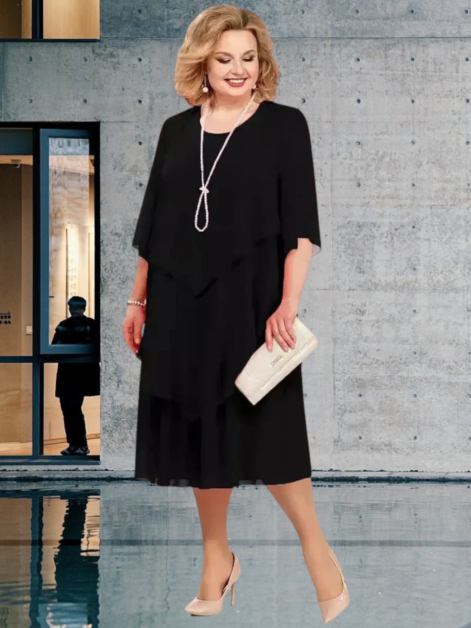 Tove | Elegant Women's Knee-Length Layered Chiffon Dress for Wedding Guests and Summer Events | Black