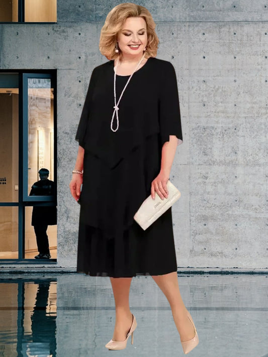 Tove | Elegant Women's Knee-Length Layered Chiffon Dress for Wedding Guests and Summer Events | Black