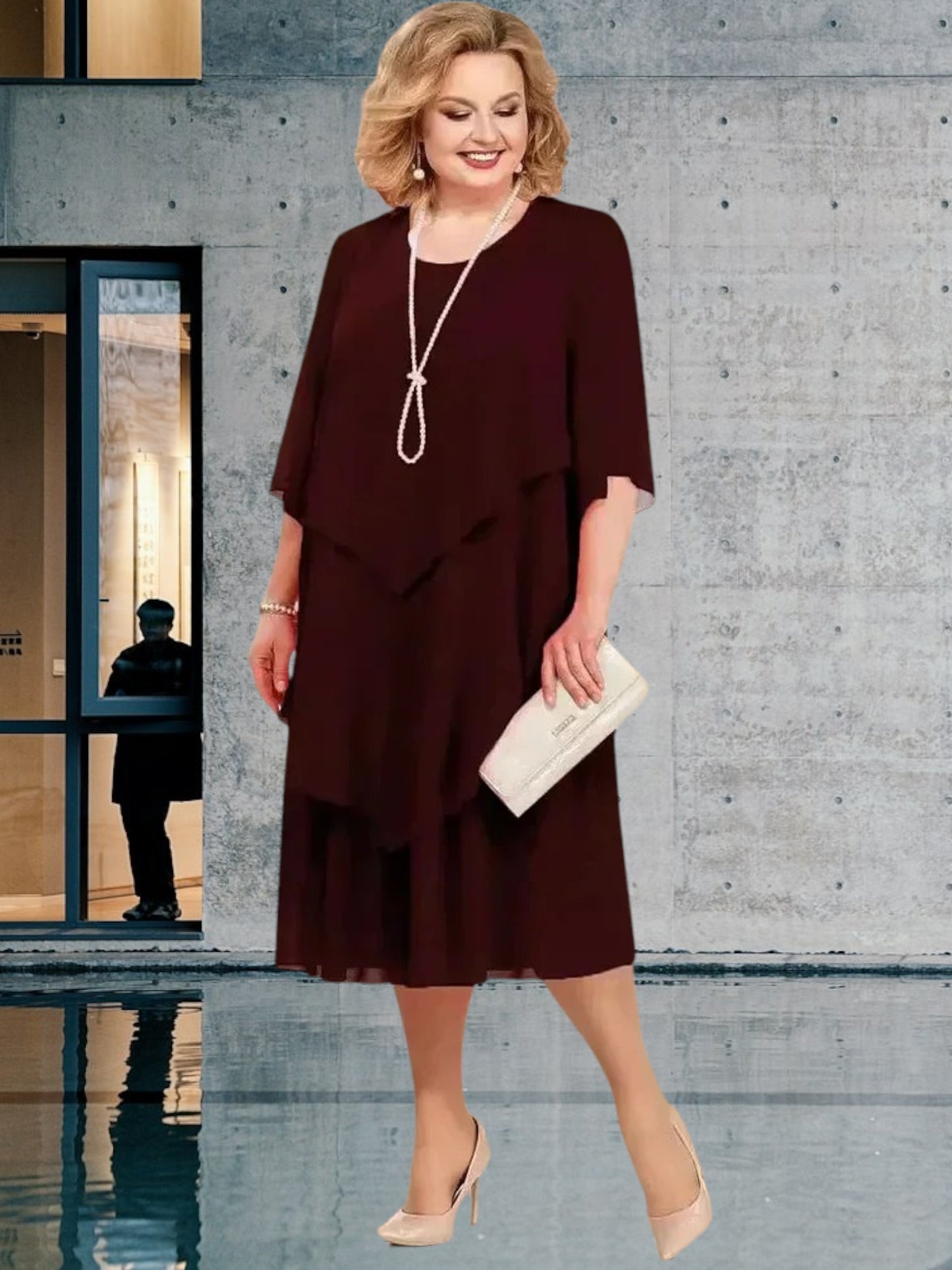Tove | Elegant Women's Knee-Length Layered Chiffon Dress for Wedding Guests and Summer Events | Dark red