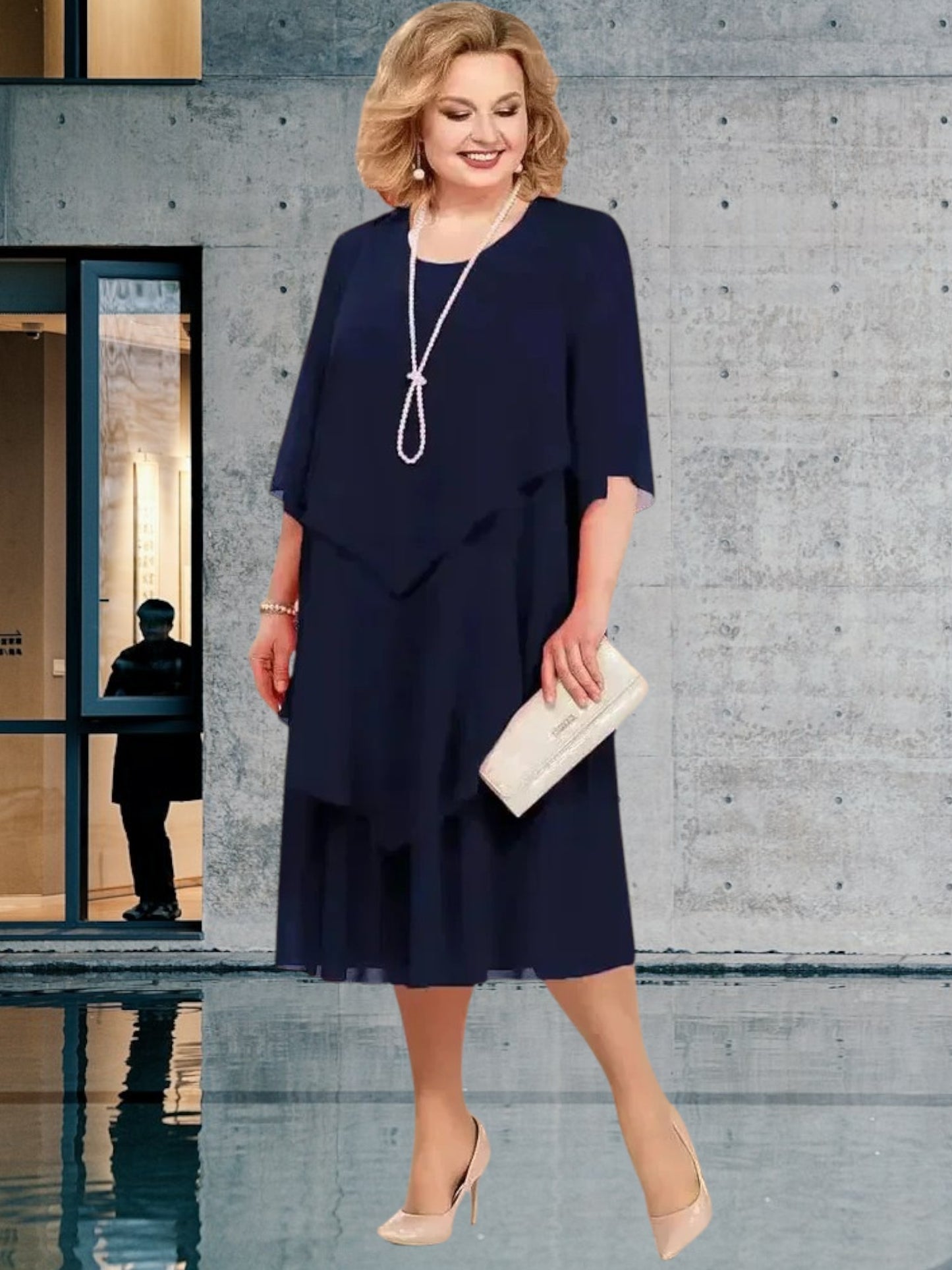 Tove | Elegant Women's Knee-Length Layered Chiffon Dress for Wedding Guests and Summer Events | Navy blue