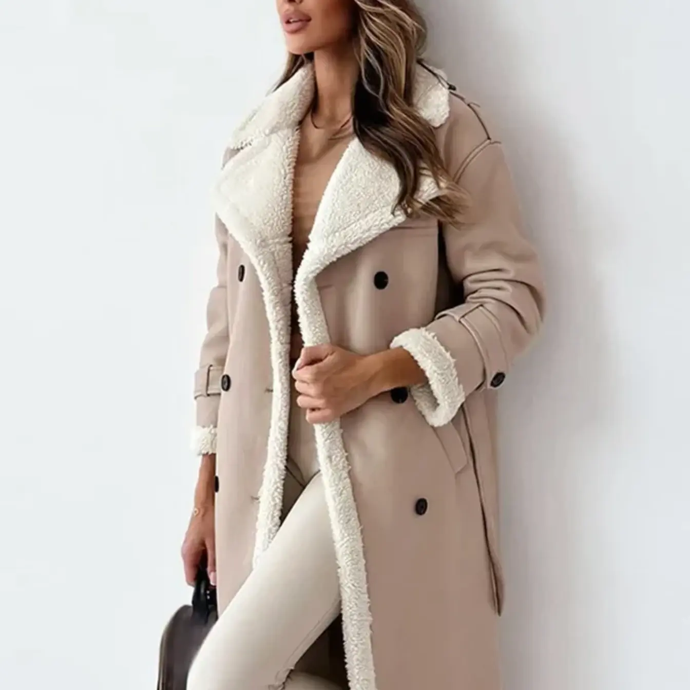 Trench Coat Women Long Shearling-Lined Double-Breasted | Winter | Apricot