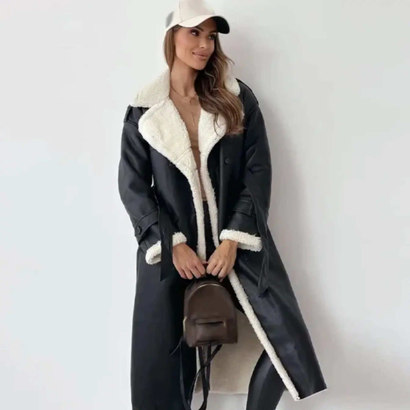 Trench Coat Women Long Shearling-Lined Double-Breasted | Winter | Black