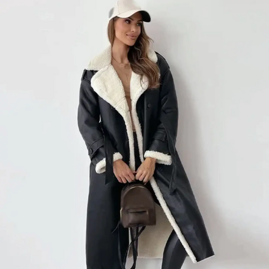 Trench Coat Women Long Shearling-Lined Double-Breasted | Winter | Black