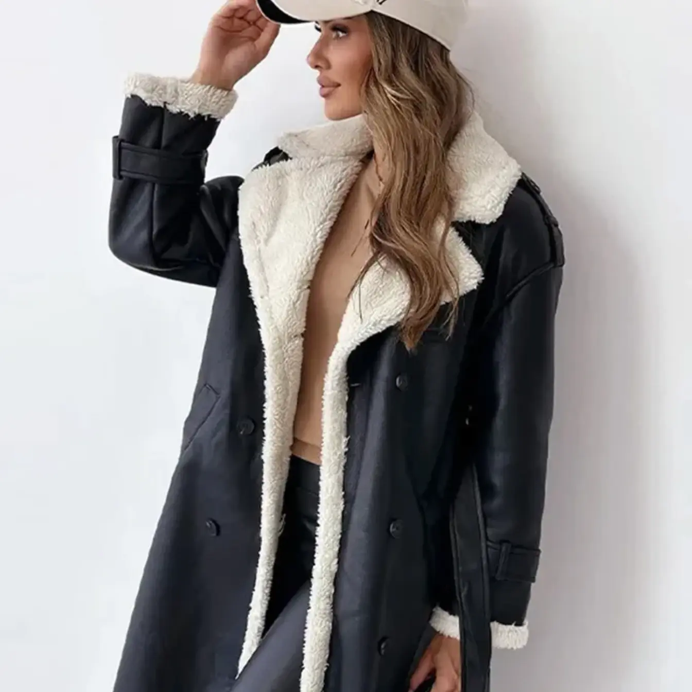 Trench Coat Women Long Shearling-Lined Double-Breasted | Winter | Black1