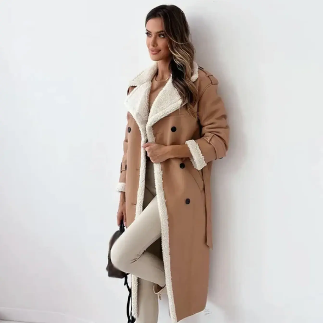 Trench Coat Women Long Shearling-Lined Double-Breasted | Winter | Khaki